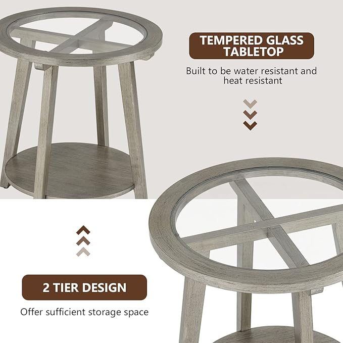 COSIEST 2-Tier End Table with Tempered Glass Top, Round MDF Side Table with - Image 6