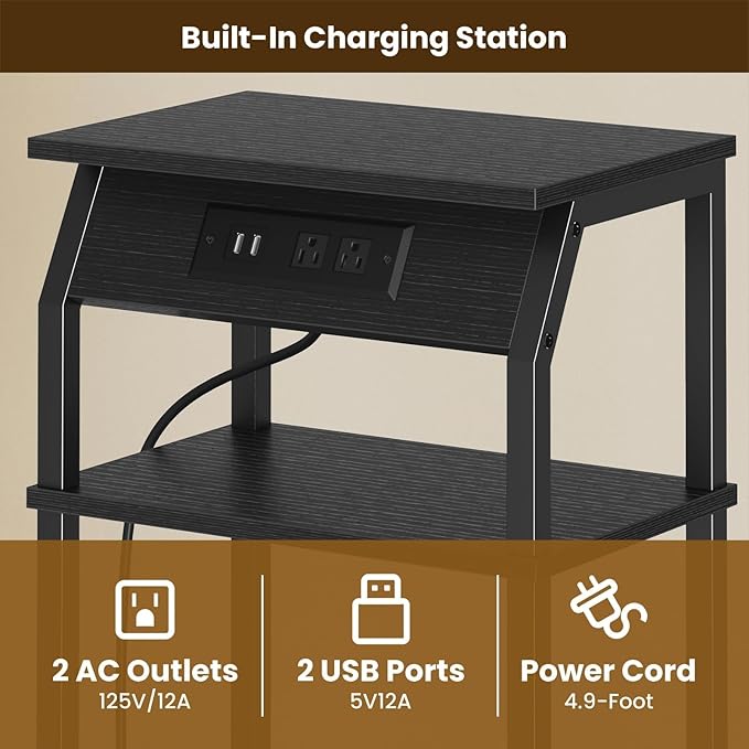 Tall End Table with Storage, 3-Tier Small Bedside Table with Charging Station - Image 4