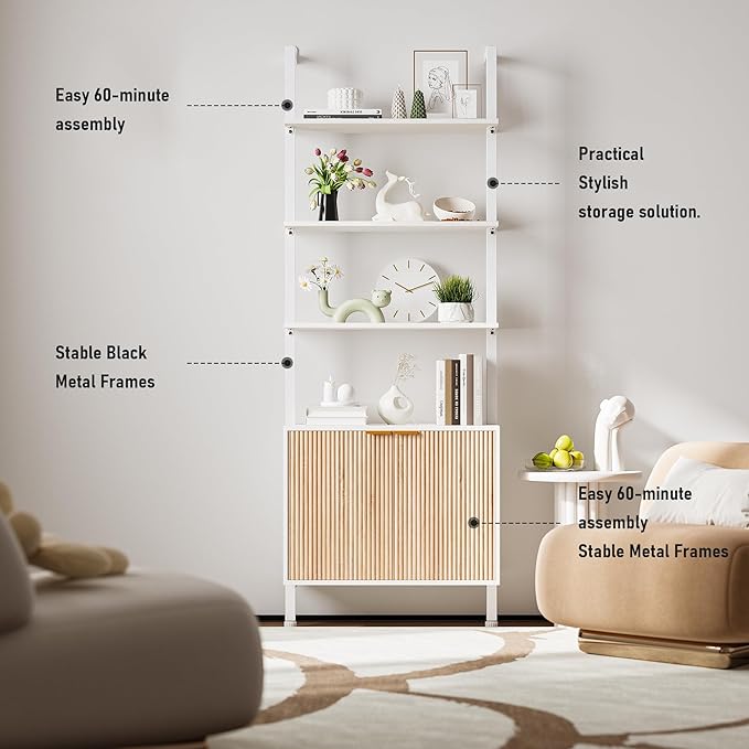 74" Tall Bookshelf with Storage Cabinet, Modern Ladder Shelf with Wood and - Image 7