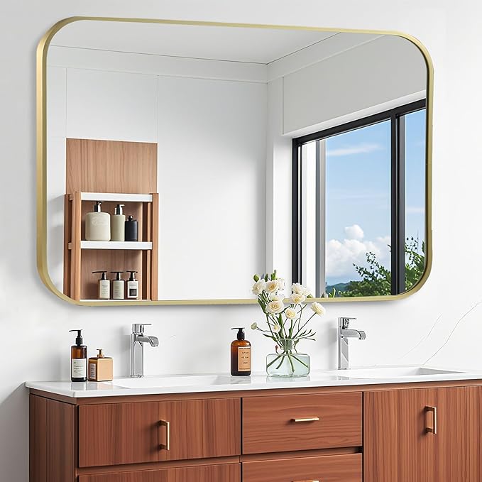 Brushed Gold Mirror, Metal Frame Rectangle Corner Vanity Mirror, Wall Mounted by JENBELY