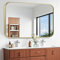 Brushed Gold Mirror, Metal Frame Rectangle Corner Vanity Mirror, Wall Mounted by JENBELY