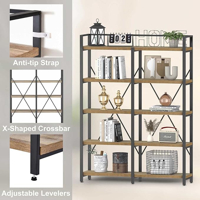FATORRI Bookshelf, 5 Tier Industrial, Tall Etagere Bookcase, Rustic Wood and - Image 4