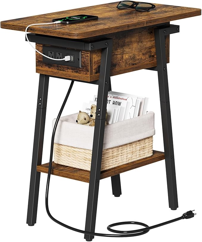 End Table with Charging Station, Flip Top Side Table with USB Ports and Outlets by Asgolion