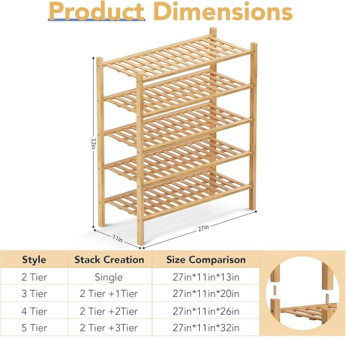 Haddockway 5 Tier Bamboo Shoe Rack Storage Organizer, Small Space 27"x11"x32" - Image 3