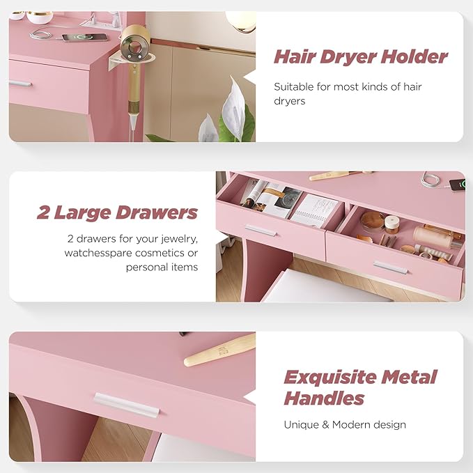 Vabches Vanity Desk with Lights, Makeup Vanity with Power Strip, Dressing Table - Image 6