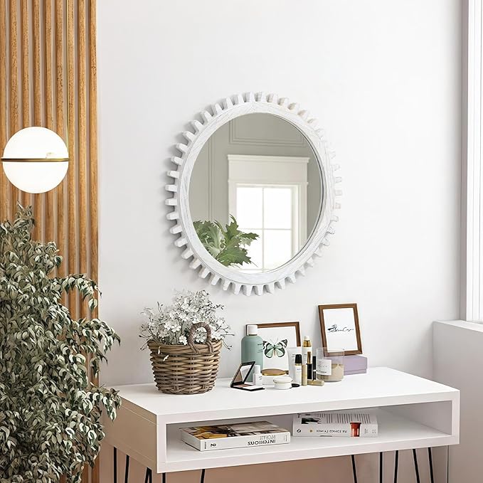 ULIKE Round Wood Mirror, 24 Inch Rustic Farmhouse Circle Mirror - Image 8