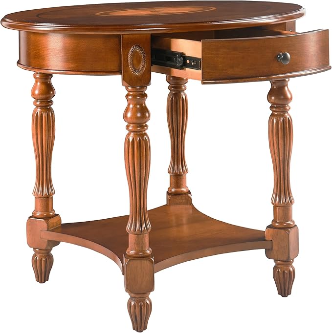 Solid Wood End Table with Drawer and Storage Shelf, Oval Sofa Side Table with - Image 4