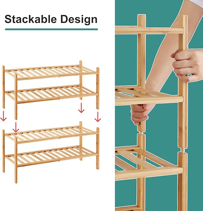 4-Tier Bamboo Shoe Rack for Entryway, Stackable | Foldable | Natural, Shoe - Image 5