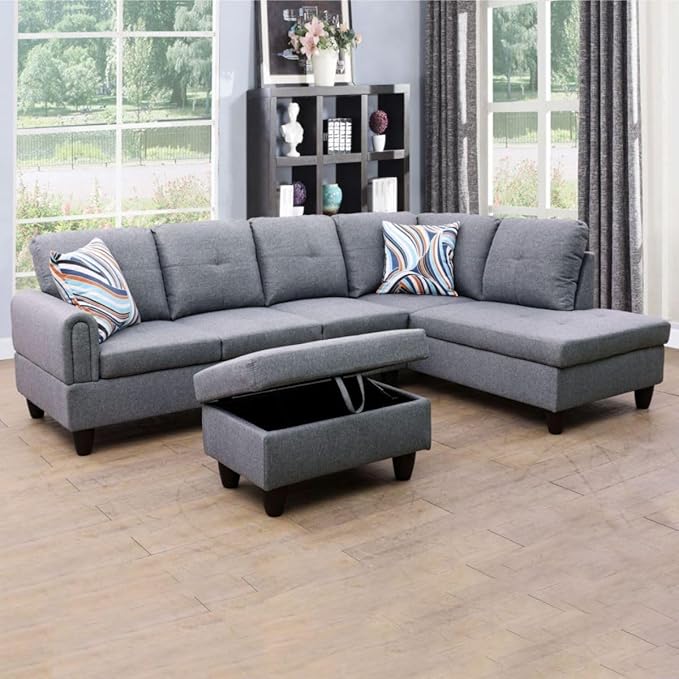 Grey-1 L-Shaped 3-Piece Linen Sofa by Unknown