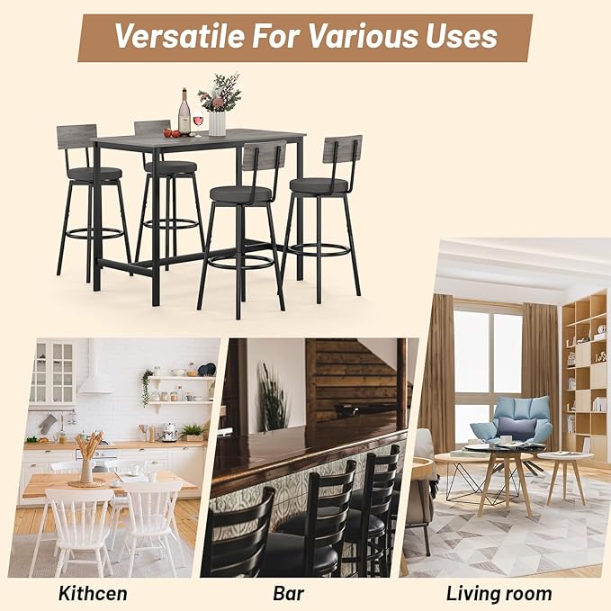 Dining Table Set for 4, 5-Piece Bar Table Set, Kitchen Table and Chairs - Image 6