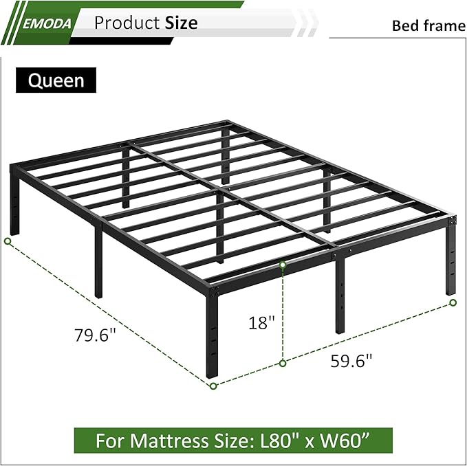 EMODA Queen Bed Frame No Box Spring Needed 18 Inch Heavy Duty Metal Tall - Image 3