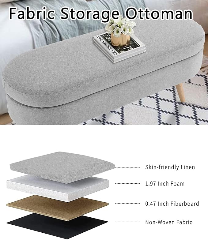 Oval Storage Bench 43.5" Linen Fabric Upholstered Entryway Bench - Image 3