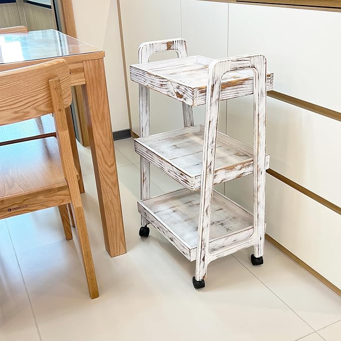 3-Tiers Ladder Shelf with Wheels, Wooden Rolling Cart, Solid Pine Wood Ladder - Image 8