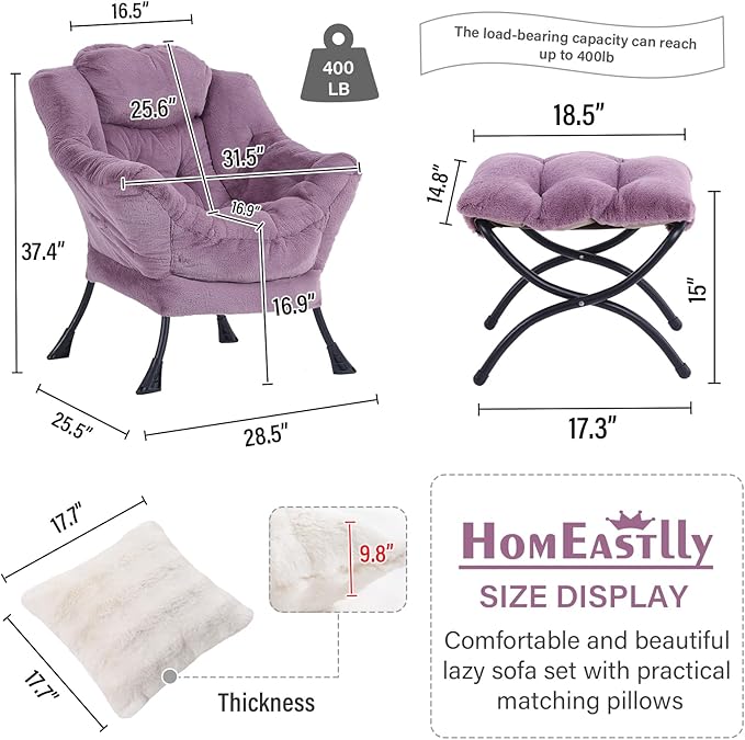 Lazy Chair with Ottoman, Modern Large Accent Lounge Chair with a Pillow - Image 2