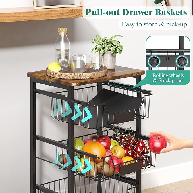 4-Tier Vegetable Fruit Basket Kitchen Storage Rolling Cart on Wheels - Image 4