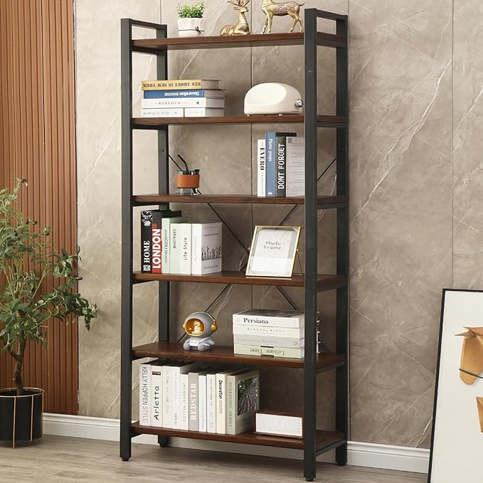 WH-AOERPYMY Natural Real Wood Bookcase, Industrial Bookshelf, 6 Tier Solid Wood by WH-AOERPUMY