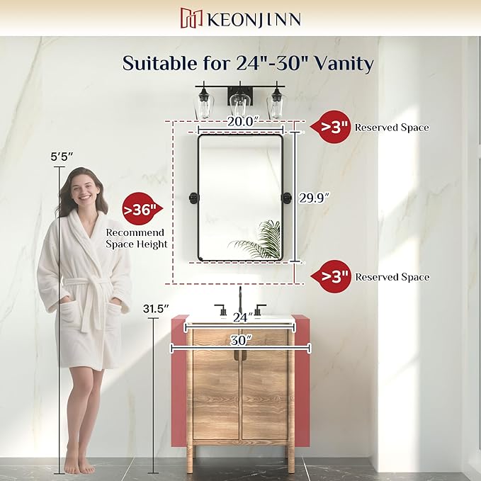 Keonjinn Black Pivot Mirror Bathrooms, 20x30 in Tilt Mirror Bathroom - Image 4
