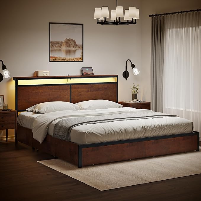 King Bed Frame with Storage Headboard and 4 Drawers Bed Frame King Size with - Image 4