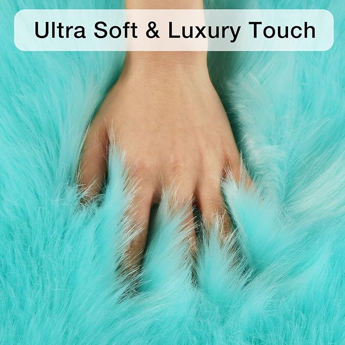 duduta Turquoise Blue Sheepskin Throw Rug 2x3 ft, Fluffy Shag Faux Fur Chair - Image 5