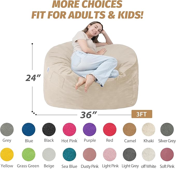 3FT Bean Bag Chair with Ultra Soft Velvet Cover Bean Bag Sofa with Memory Foam - Image 2