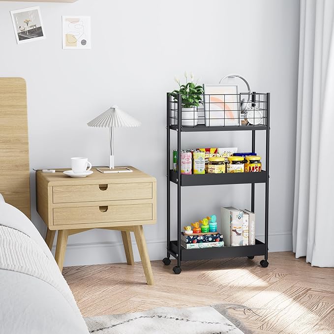 KINGRACK 3-Tier Metal Rolling Cart, Slim Storage Cart, Mobile Shelving Unit - Image 5