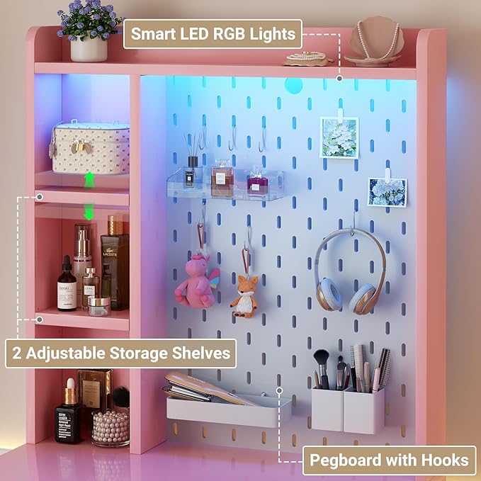 Small Vanity Desk with Hutch and Drawers, Vanity Table Dressing Table with LED - Image 4