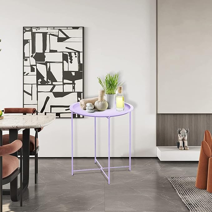 Garden 4 you End Table 2 PCS Metal Side Table Purple Round Folding Tray Cyan - Image 8