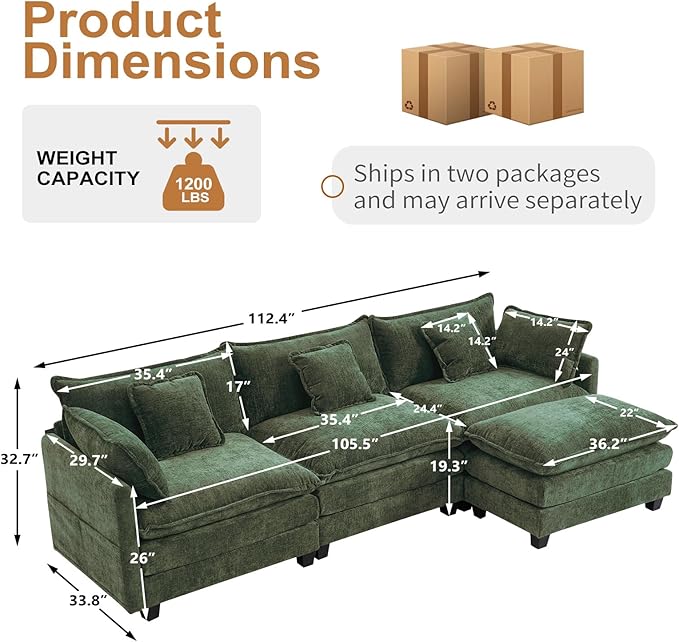 Furniliving 112‘’ L-Shaped Sofa, Luxury Chenille Modular Sectional Couches - Image 2