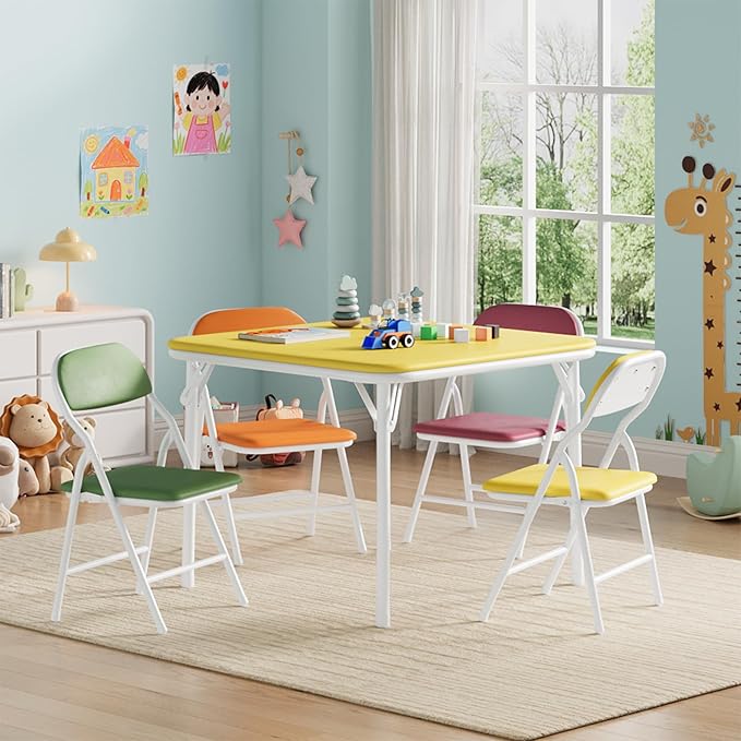 IDEALHOUSE 5 Piece Boys Girls Folding Table and Chairs Set, Activity Table and by IDEALHOUSE