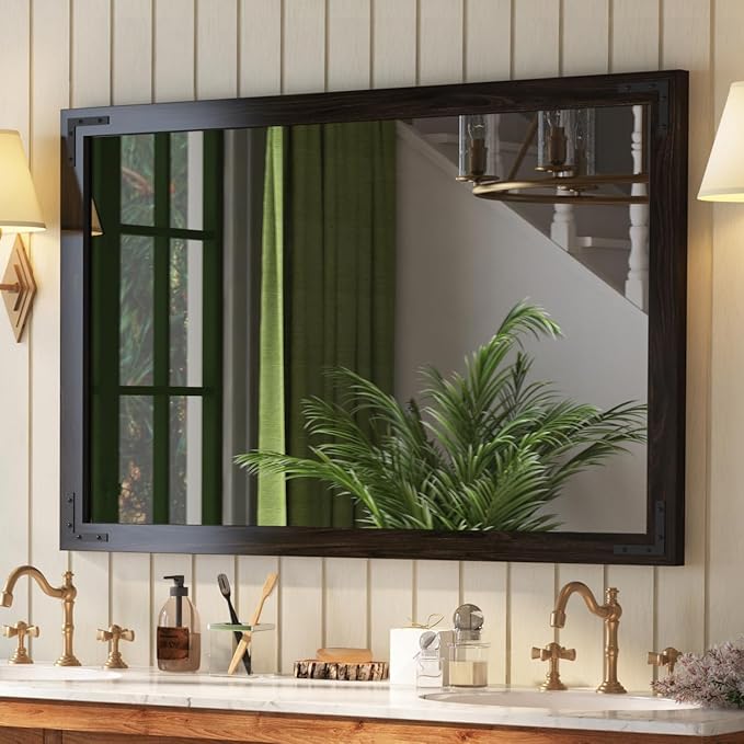 VocalStar Black Wood Framed Mirror 48 x 32 Inch, Rustic Natural Black Wooden by VOCALSTAR