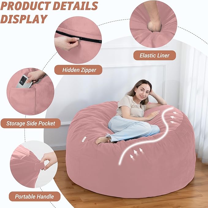 5FT Bean Bag Chair with Ultra Soft Velvet Cover Bean Bag Sofa with Memory Foam - Image 4