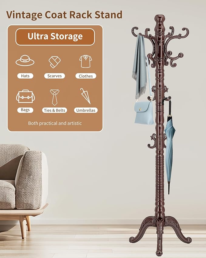 EZIVIEZ Wooden Coat Rack Stand, Solid Wood Freestanding Coat Rack, Vintage Coat - Image 8