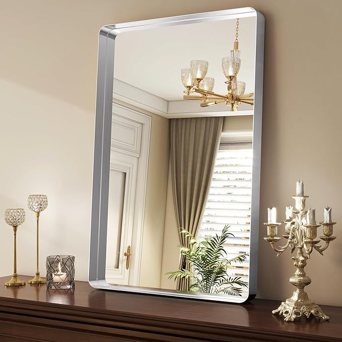 Silver Bathroom Mirror for Wall, 36x24 Inch Rectangular Aluminum Alloy Framed - Image 2
