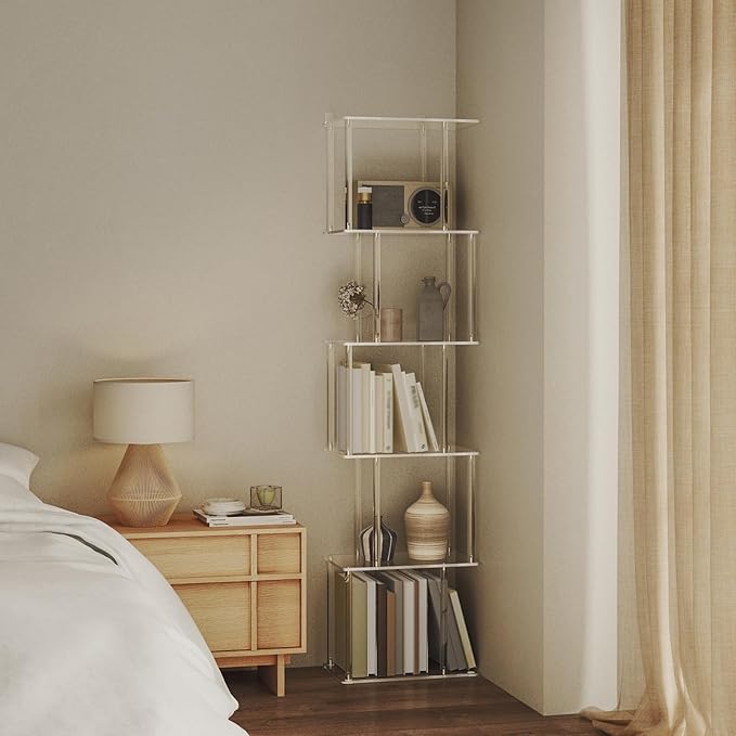 Acrylic Geometric Bookshelf for Small Spaces, 6-Tier Tall Clear S Shaped - Image 2