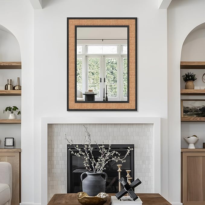 Rattan Wall Mirror with Wooden Framed 24 X 32 inch Farmhouse Rectangle Wood - Image 7