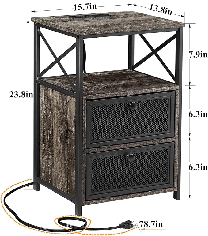 VECELO Oak Gray End Table with USB Ports and Outlets, 24 Inch Nightstands with - Image 3