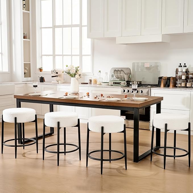 Modern Dining Chairs Set of 4, 23.6" White Round Backless Boucle Sherpa by Viroformo