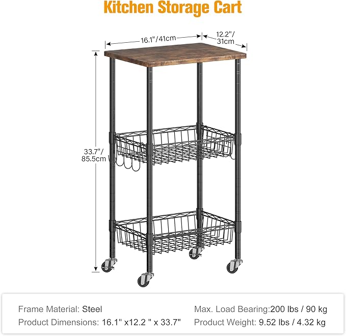 Rolling Kitchen Storage Cart, 3-Tier Storage Rack on Caster Wheels - Image 2
