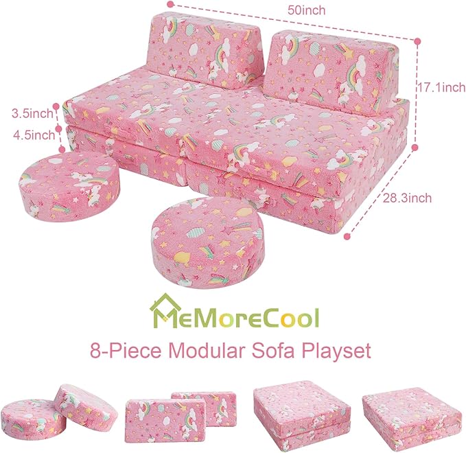 MeMoreCool Modular Pink Unicorn Glow-in-The-Dark Kids Play Couch, 8-Piece - Image 8