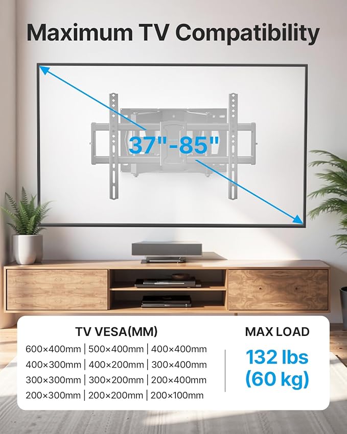 Full Motion TV Wall Mount for 37-85 Inch TVs Mounts Up to 132lbs, Fit 16" Wood - Image 8