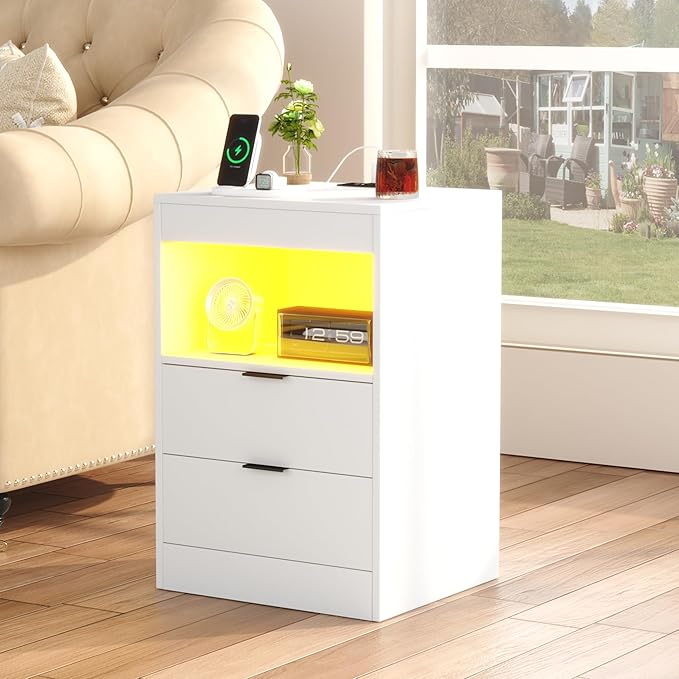 Gadroad LED Nightstand with Charging Station, Bedside Table with 3 Drawers and - Image 6