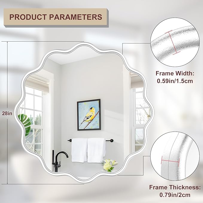 PROHOMEWARE White Round Mirror 28 Inch Wavy Bathroom Vanity Mirror White Frame - Image 3