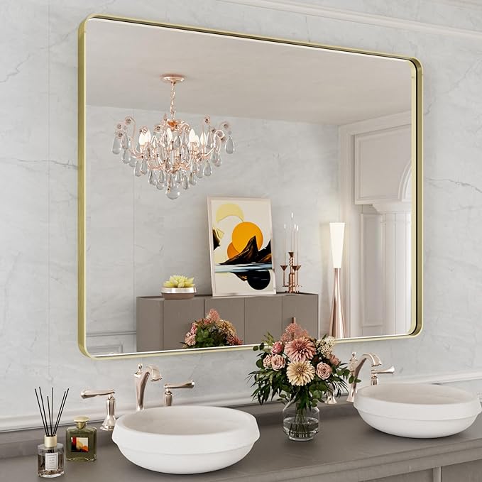 WEER Gold Bathroom Mirror, 40X32 Inch Brushed Gold Metal Frame Mirror, Rounded by WEER