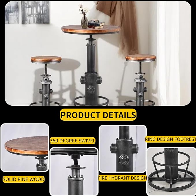 Industrial Bistro Bar Table 38.6-44.4inch Height Adjustable Farmhouse Pub Table - Image 5