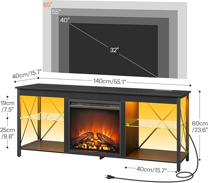 HOOBRO Fireplace TV Stand with Charging Station and LED Lights, TV Stand with - Image 2