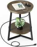 Gadroad Round End Table with Charging Station, USB Ports, Wood Tabletop & Black by Gadroad