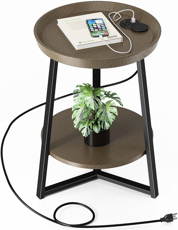 Gadroad Round End Table with Charging Station, USB Ports, Wood Tabletop & Black by Gadroad