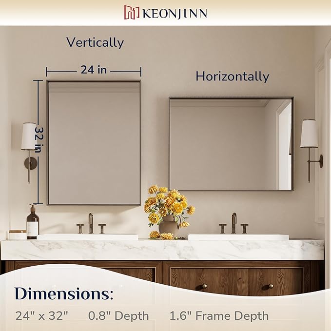 Keonjinn 24 x 32 Inch Brushed Bronze Mirror, Rectangle Bathroom Vanity Mirror - Image 7