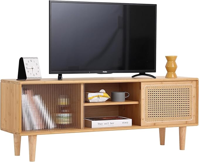 Welnow Rattan TV Stand for Up to 55 Inch, Mid Century Modern Bamboo - Image 2