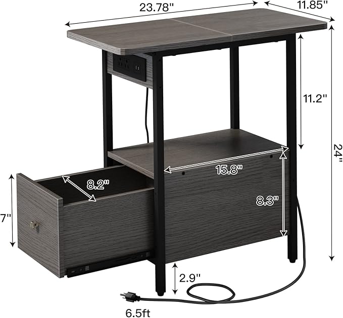 LIDYUK End Table with Charging Station, Narrow Side Table with Drawer and USB - Image 7